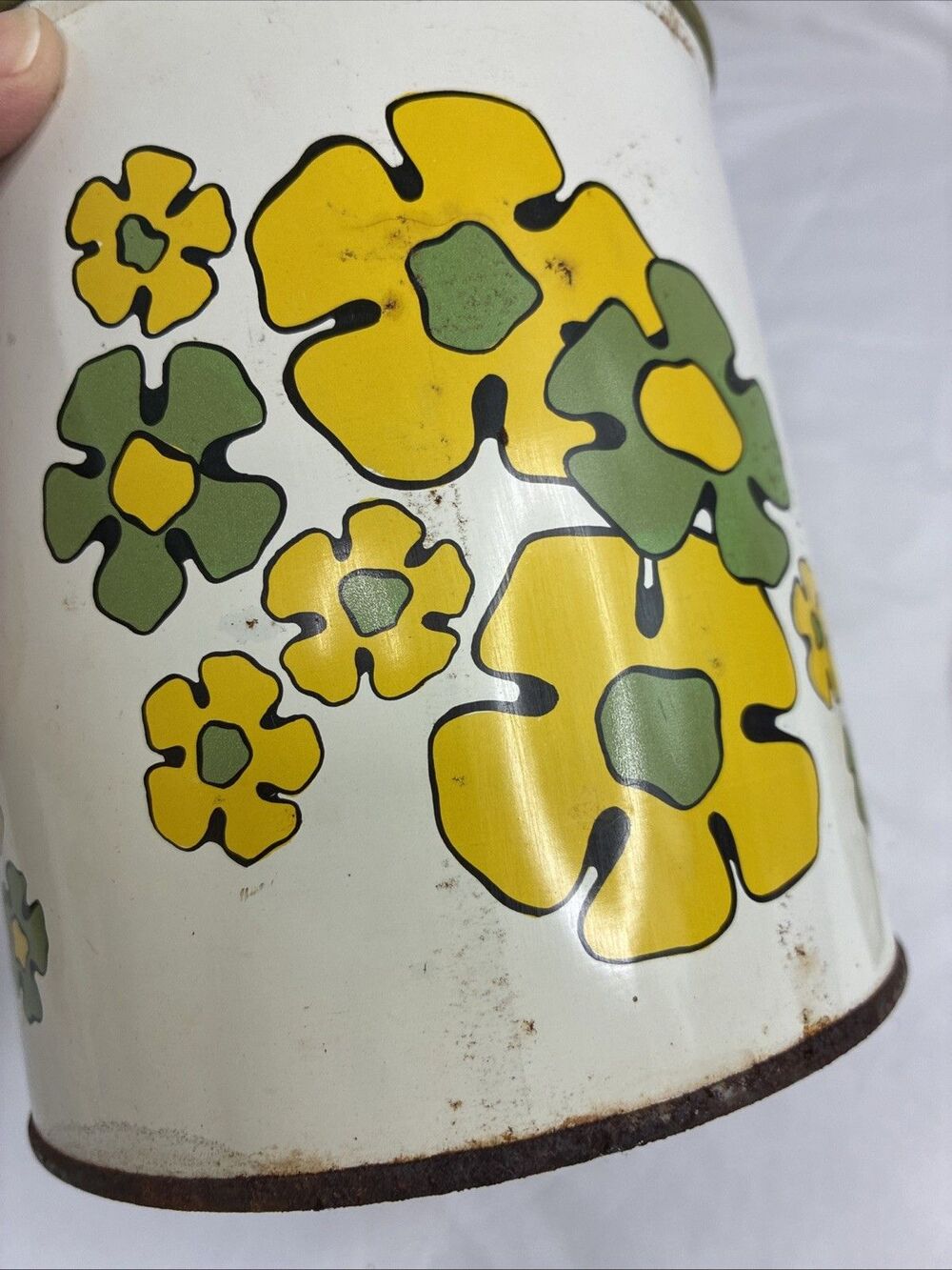 Ballonoff Daisy Tin Set Canister Dustpan Avocado Green Yellow Flower Rusty Vtg - Picture 11 of 16